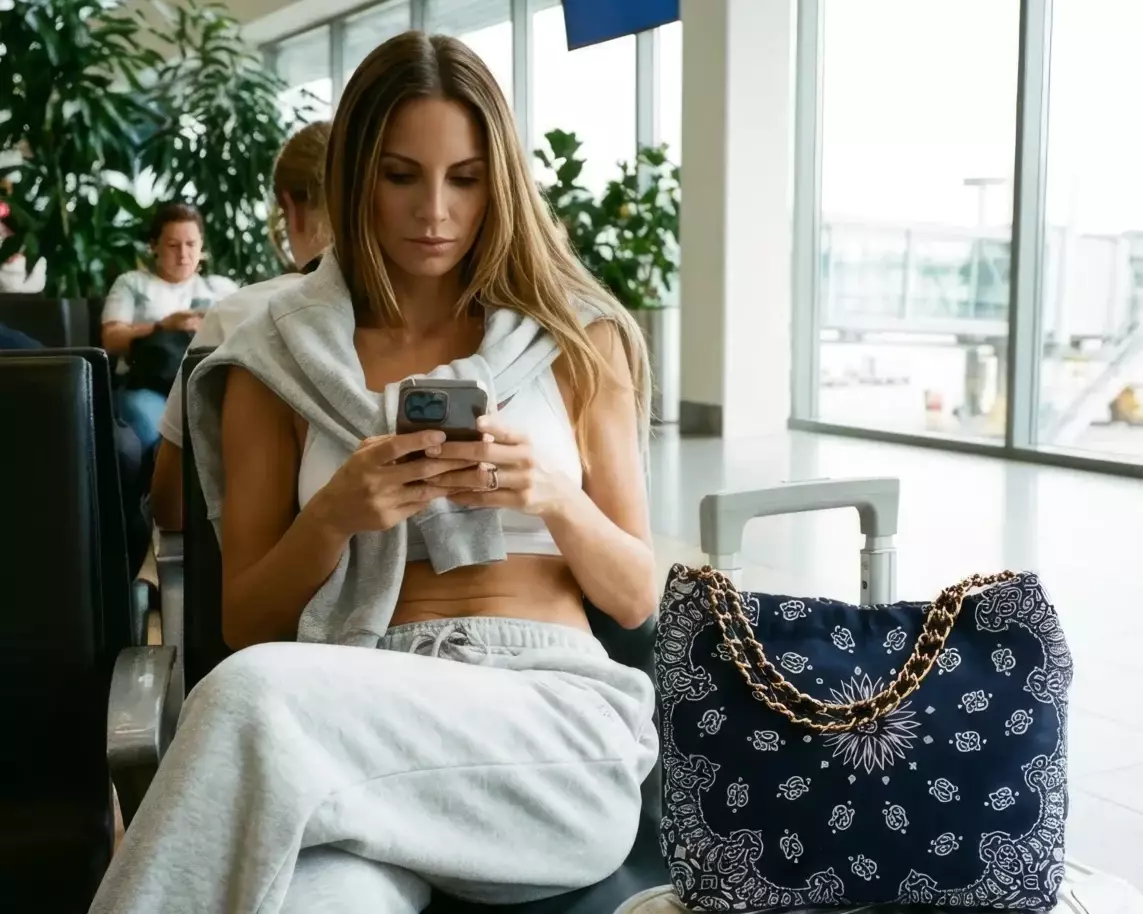 sac bandana marine personnalisable avec broderie offerte de la collection balagan par Leslie Sulman portée par une mannequin assis en salle d'embarquement d'un aéroport et regardant son téléphone portable. Le sac est posé en évidence sur sa valise métallisée et décorée d'écussons.